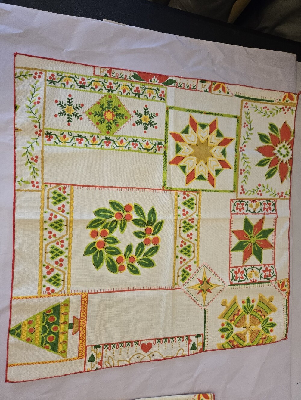 Vtg Christmas Napkins Qty 9 Holly Christmas Tree Dove Bells Cotton Stitched Edge